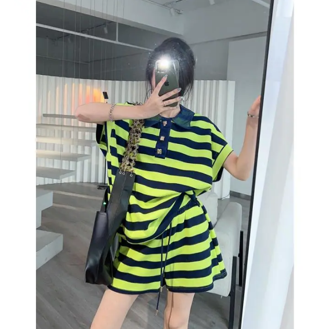 條紋polo衫T恤短褲兩件套（黃條紋L-4XL）（下單後聯絡客服確認發貨尺碼）#F349001182