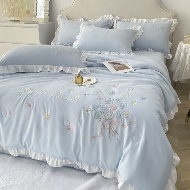家居水洗天絲薄被 空調被(單被 花海系列-天空藍)(下單後聯絡客服確認發貨尺碼)