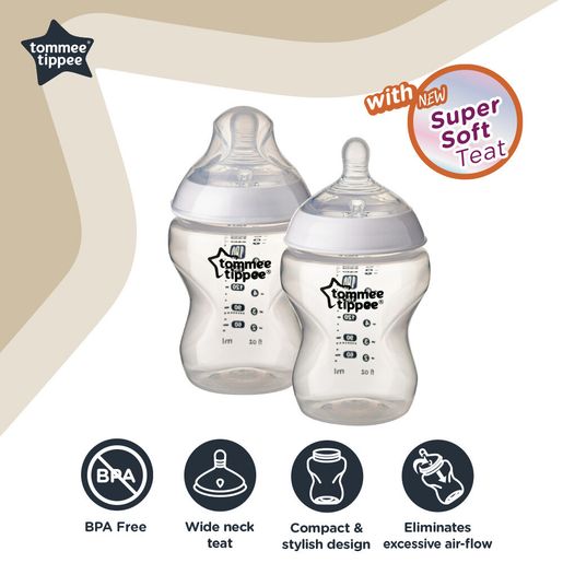 Tommee Tippee, Closer to Nature® 260ml PP Bottle with Super Soft Medium  Flow Teat (Twin Pack)