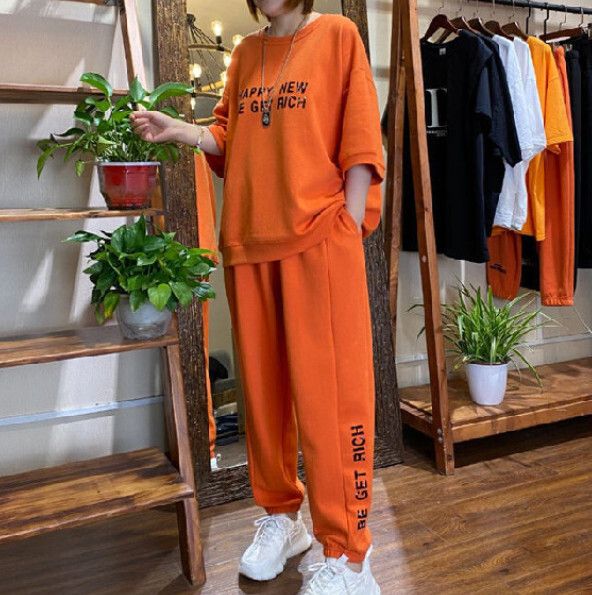 時尚短袖長褲兩件套【橙色】 (尺碼：M-4XL碼) (下單後聯繫客服確認發貨尺碼)#F158027438