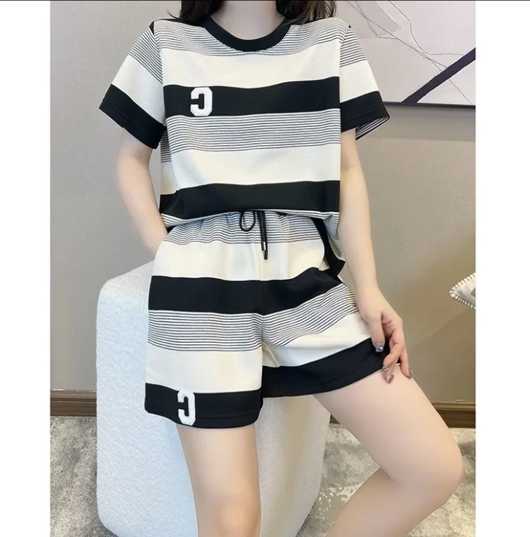 條紋短袖+短褲套裝（黑色XL-6XL）（下單後聯絡客服確認發貨尺碼）#F349001107