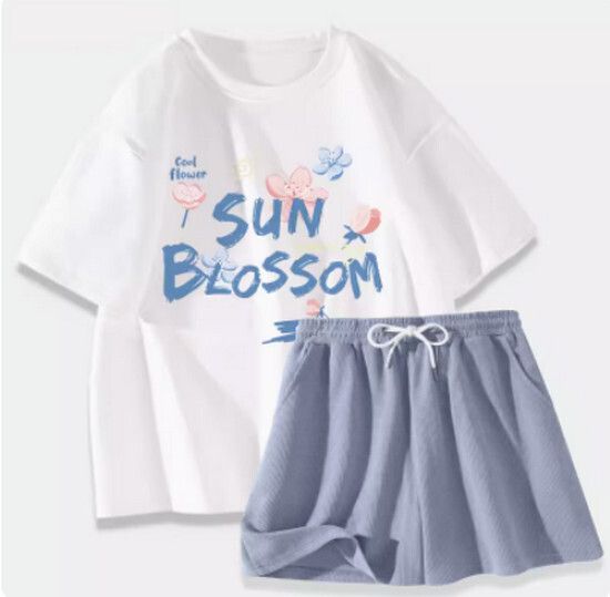 運動套裝【白色（夏日花開）+藍褲】【S-XL碼】（下單後請聯絡客服確認發貨尺碼）