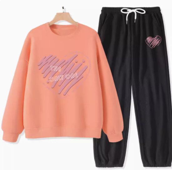 春秋款衛衣褲子兩件套【橘粉色（唯一心）+黑褲】【S-XXL碼】（下單後請聯絡客服確認發貨尺碼）#K011002530