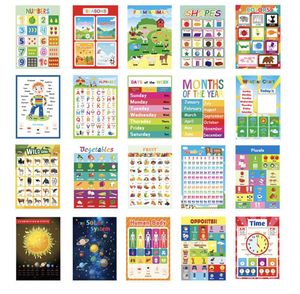 English hanging picture human body weather time shape number animal vegetable month fruit 20 sheets