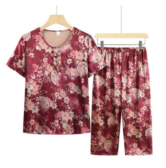 夏季中老年套裝（棗紅色）【尺碼：XL-4XL】【下單後聯絡客服確認發貨尺碼】F203013305