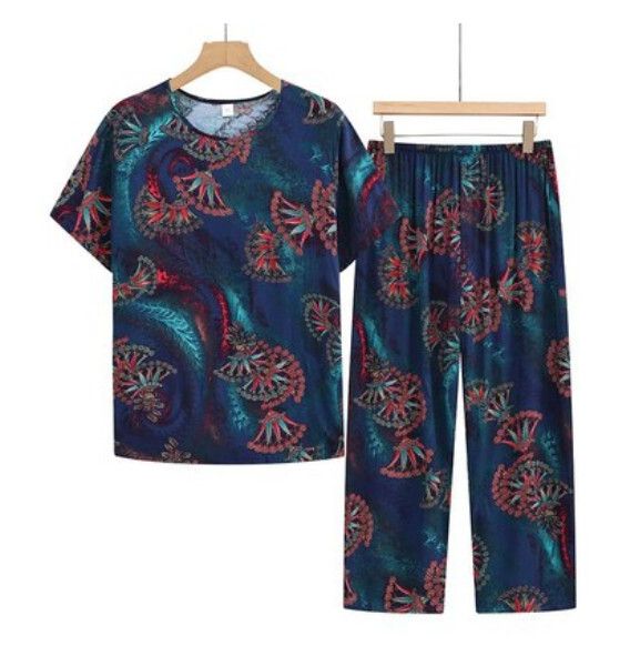 夏季中老年棉麻休閒套裝（星空藍色）【尺碼：XL-3XL】【下單後聯絡客服確認發貨尺碼】F203013086