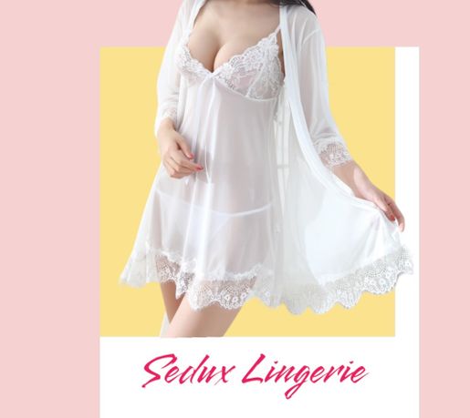 台灣熱銷, [Sexy lingerie set of three] lace sexy pajamas, skin-friendly  see-through mesh, suspender nightdressSkirt+Coat+Underwear (White)