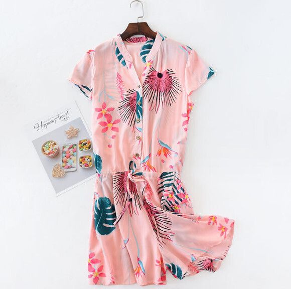 薄款人棉連體褲裙（粉色龜背竹）【M-XL碼】【下單後聯絡客服確認發貨尺碼】