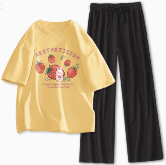 運動休閒套裝【鵝黃色（甜莓兔）+黑褲】【S-XL碼】（下單後請聯絡客服確認發貨尺碼）