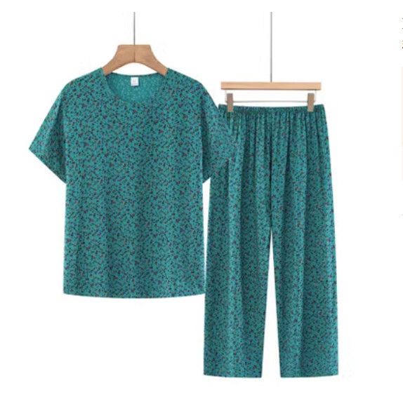 夏季中老年棉麻套裝（碧藍碎花）【尺碼：XL-3XL】【下單後聯絡客服確認發貨尺碼】F203013138