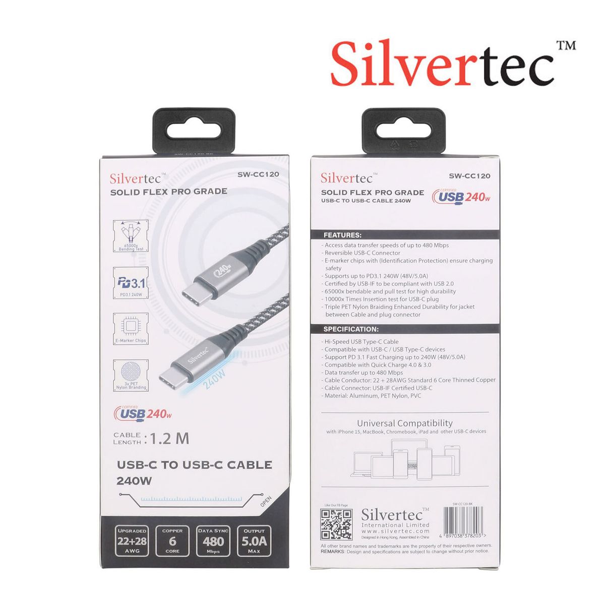 Silvertec | SW-CC120 1.2米 Solid Flex Pro Grade USB-C TO USB-C充電傳輸線 240W ...