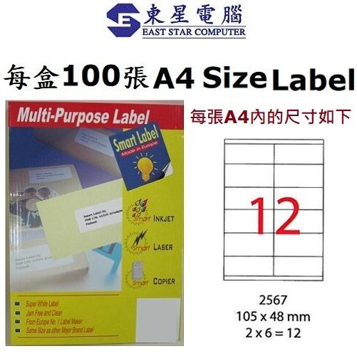 A4 Label紙 多用途打印標籤 Smart Label 2567 Laser Label A4 105X48mm