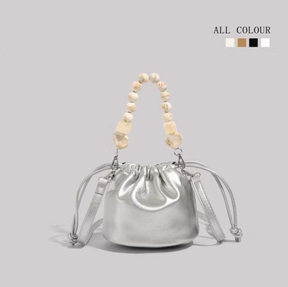 珍珠抽帶手提水桶包百搭單肩斜挎包【銀色】【尺寸：19cm*15cm*13cm】#S078035522