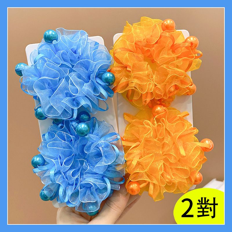 兒童頭花髮飾丸子頭髮圈頭飾髮飾(7#藍色+橙色2對)