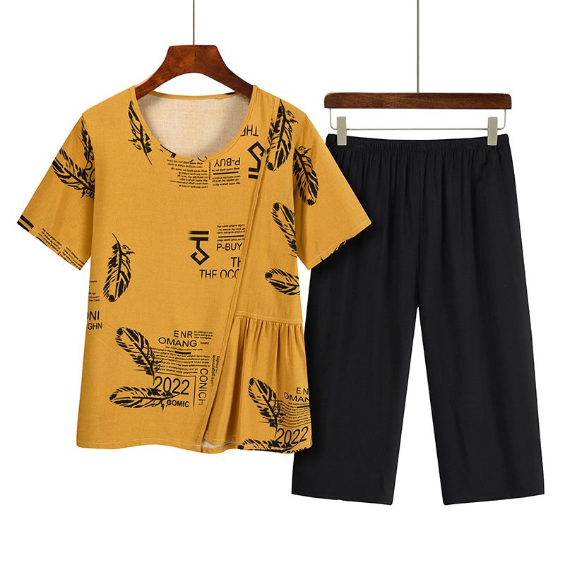 中老年媽媽短袖套裝(XL-4XL碼 黃色）【下單後請聯絡客服確認發貨尺碼】F001099364