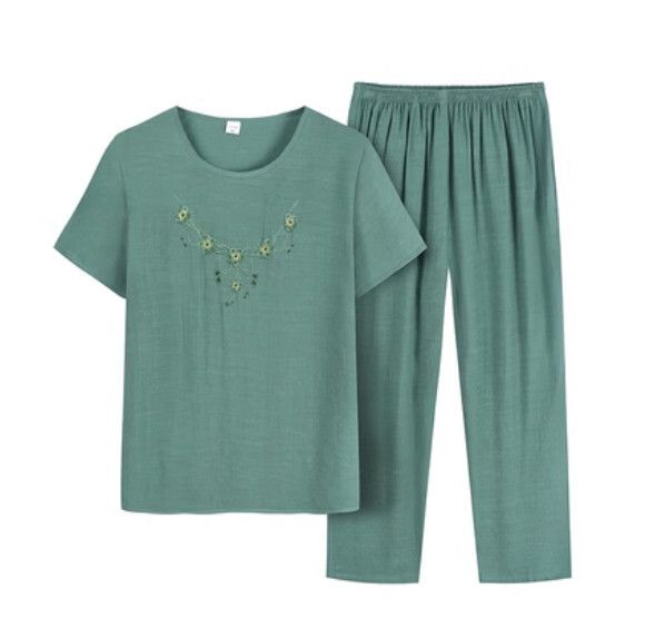 夏季中老年綿綢套裝（駝色）【尺碼：XL-4XL】【下單後聯絡客服確認發貨尺碼】F203013047