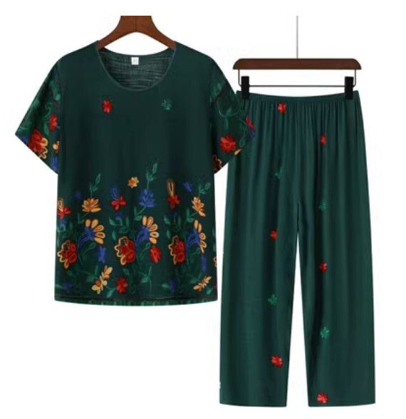 夏季中老年綿綢休閒套裝（墨綠色）【尺碼：XL-5XL】【下單後聯絡客服確認發貨尺碼】F203013111