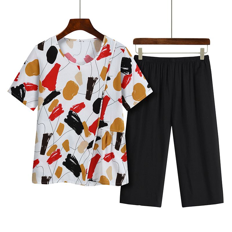 中老年媽媽短袖套裝(XL-4XL碼 白紅）【下單後請聯絡客服確認發貨尺碼】F001099360