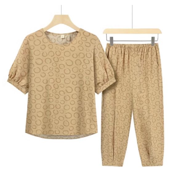 夏季中老年套裝（卡其圈圈）【尺碼：XL-3XL】【下單後聯絡客服確認發貨尺碼】F203013183