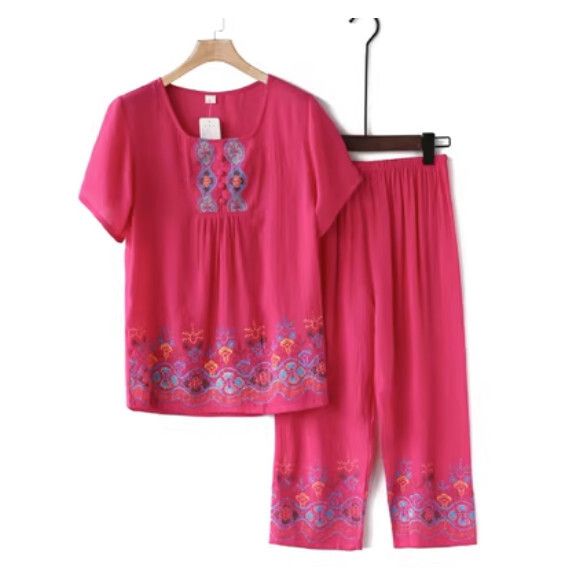 夏季中老年棉麻套裝（A款紅色）【尺碼：XL-4XL】【下單後聯絡客服確認發貨尺碼】F203013012