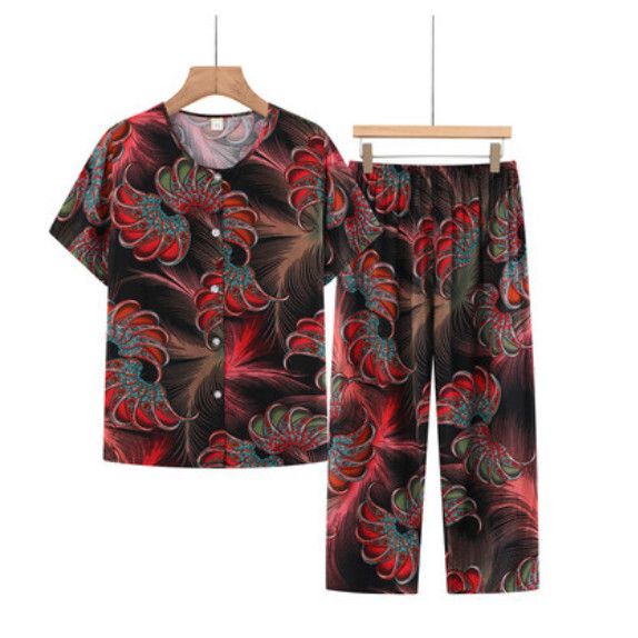 夏季中老年綿綢開衫套裝（旋轉羽毛）【尺碼：XL-5XL】【下單後聯絡客服確認發貨尺碼】F203013102
