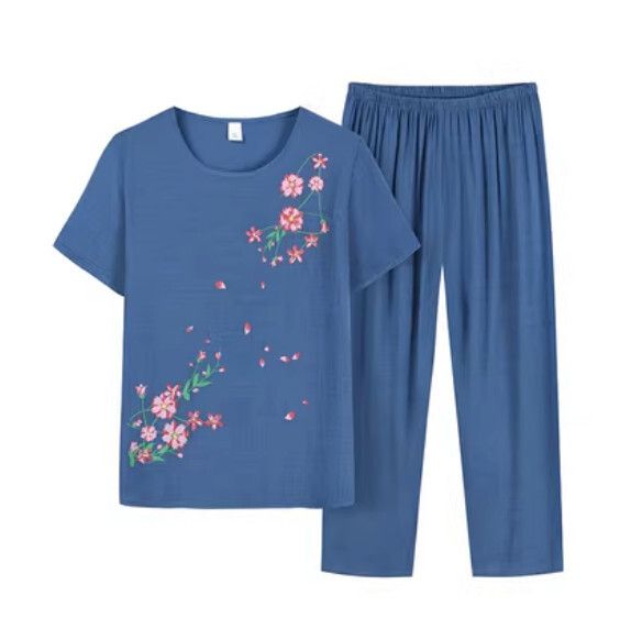 夏季中老年棉麻休閒套裝（藍色）【尺碼：XL-4XL】【下單後聯絡客服確認發貨尺碼】F203013078