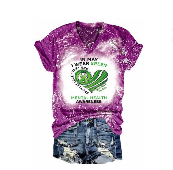 春夏款印花T恤女裝-V領套頭短袖(紫色)(S-XXXL碼)(下單後聯絡客服確認尺碼)