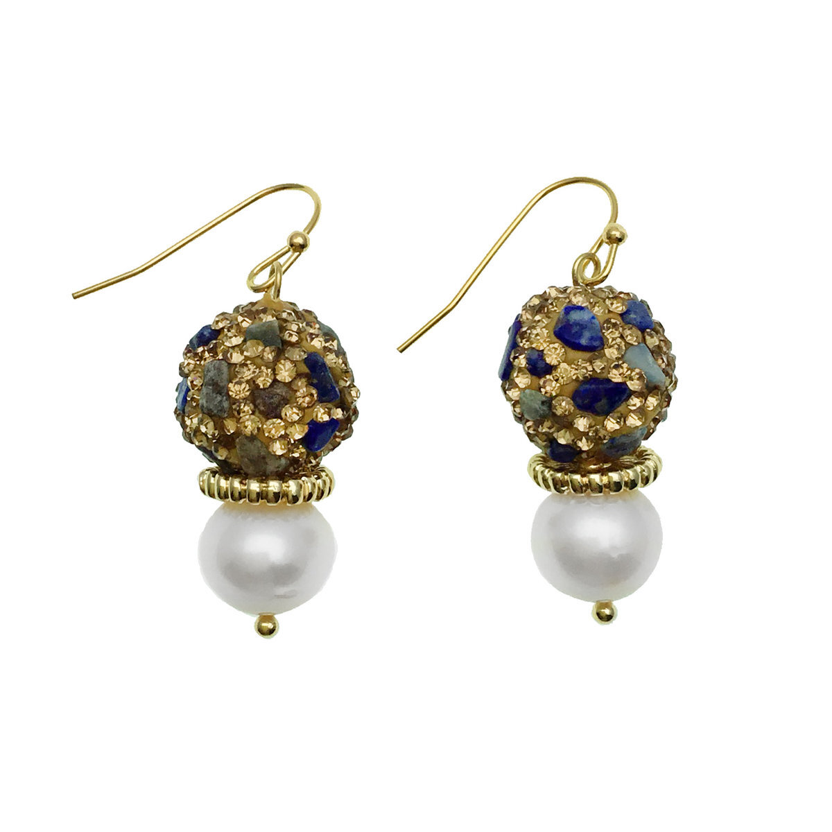 Rhinestones Bordered Lapis With Freshwater Pearl Earrings