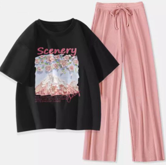 短袖冰絲褲兩件裝【黑色（富士櫻花）+粉褲】【S-XL碼】（下單後請聯絡客服確認發貨尺碼）#K011002682