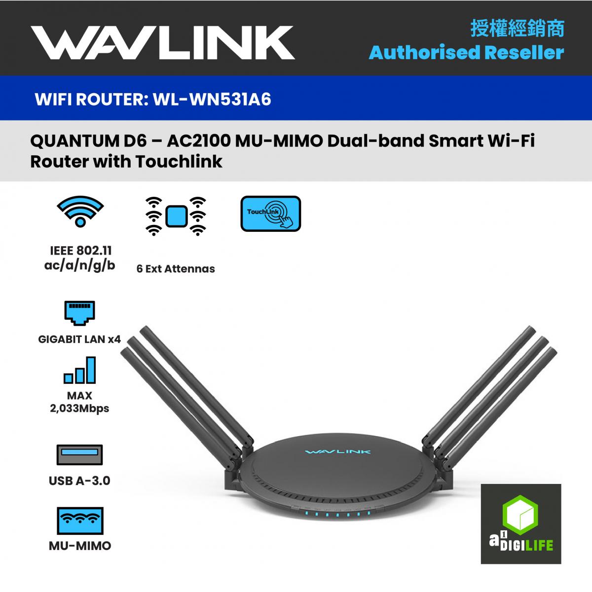 AC2100 TouchLink WiFi Dual Band Gigabit Router 6xHigh Power Antenna MU-MIMO WN531A6 3Years Warranty