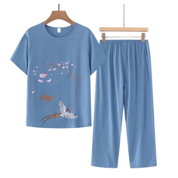 夏季中老年棉麻套裝（藍色）【尺碼：XL-4XL】【下單後聯絡客服確認發貨尺碼】F203013115