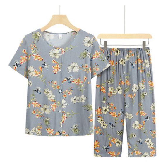 夏季中老年綿綢套裝（淺灰）【尺碼：XL-4XL】【下單後聯絡客服確認發貨尺碼】F203013323