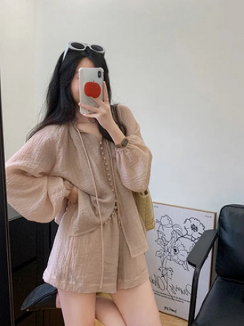 防曬衣襯衫短褲兩件套（橘黃色L-4XL）（下單後聯絡客服確認發貨尺碼）#F349001525