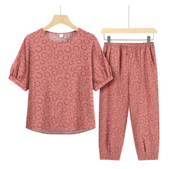 夏季中老年套裝（暖色圈圈）【尺碼：XL-3XL】【下單後聯絡客服確認發貨尺碼】F203013186