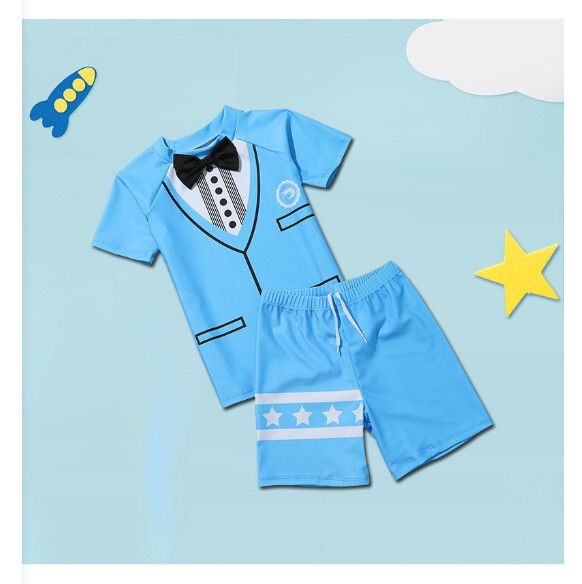 兒童分體短袖泳裝【M-XL碼】【湖藍西服】(下單後聯絡客服確認發貨尺碼) #H161023872