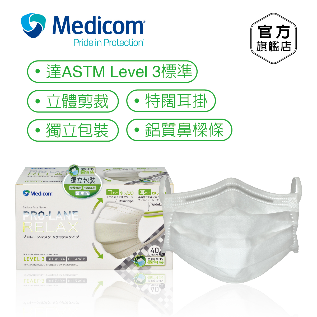 ProLane Relax 醫用成人口罩 ASTM Level 3 - 白色 40片/盒 #GMK211014