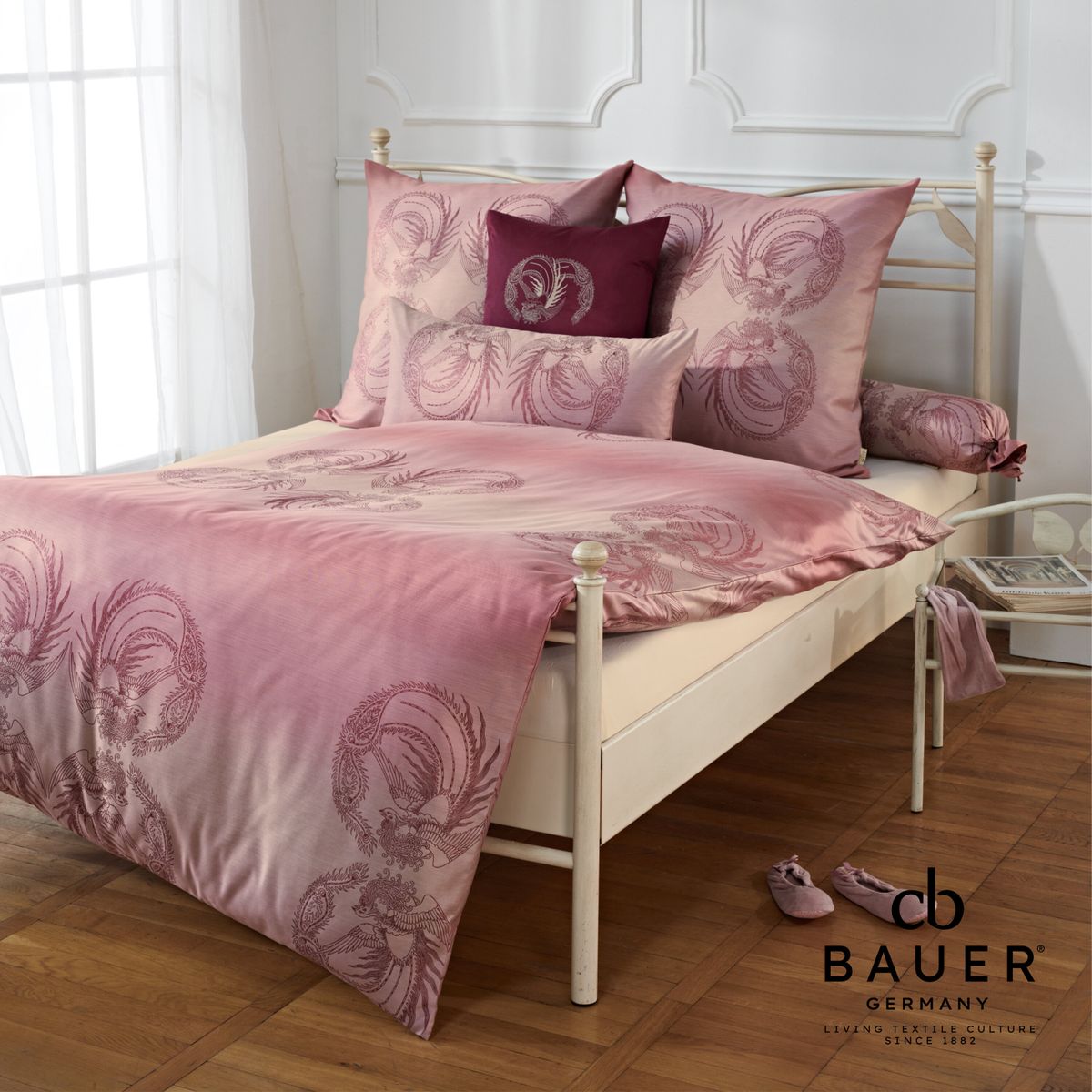 German 100% Cotton Damask Pillow Cover - 275 tc PARADISE BIRD 