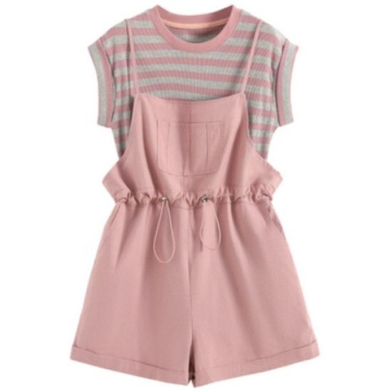 條紋短袖+背帶褲套裝【粉色】【M-2XL碼】（下單後請聯絡客服確認發貨尺碼）#K011004311