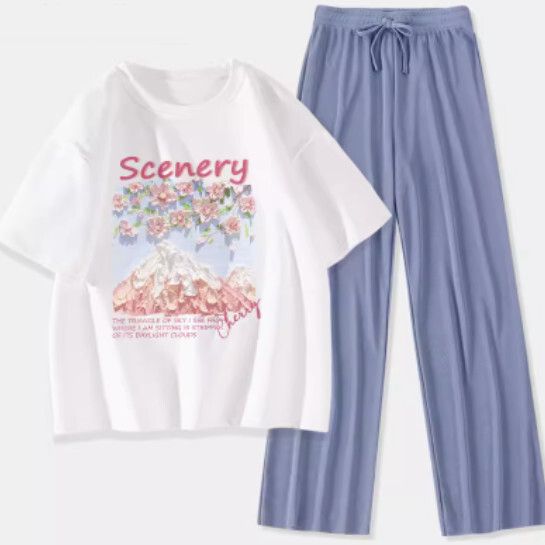 短袖冰絲褲兩件裝【白色（富士櫻花）+藍褲】【S-XL碼】（下單後請聯絡客服確認發貨尺碼）#K011002683