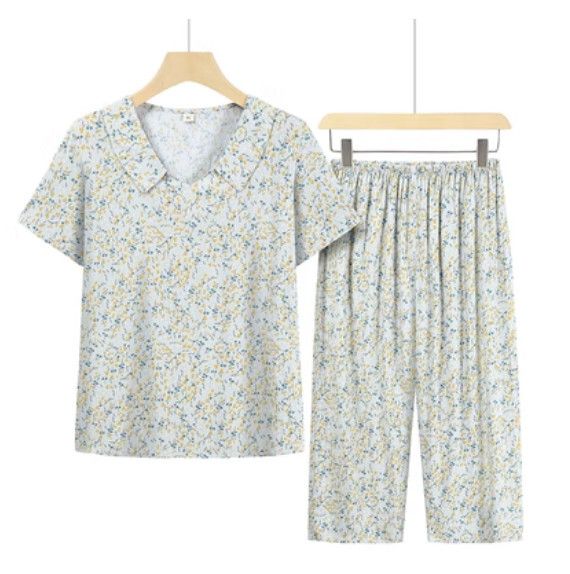 夏季中老年民族風兩件套套裝（淺色滿天星）【尺碼：XL-4XL】【下單後聯絡客服確認發貨尺碼】F203013198