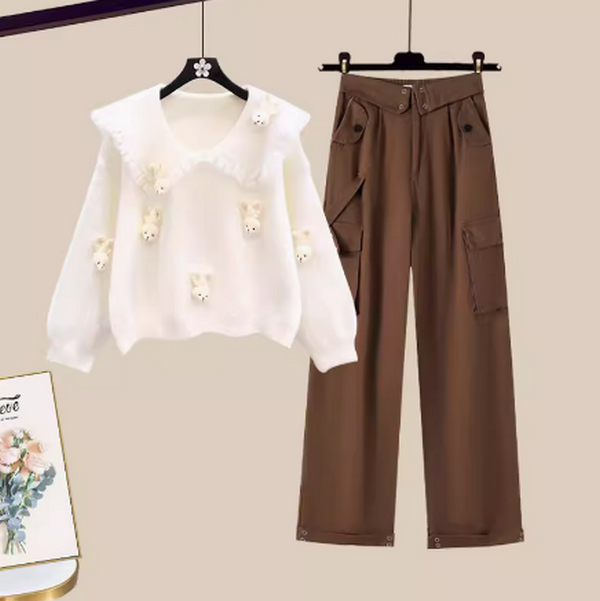 毛衣工裝褲兩件套（杏色毛衣+咖色工裝褲 S-3XL）（下單後聯絡客服確認發貨尺碼）#F350001277