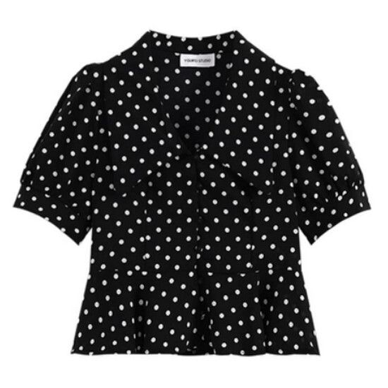 波點雪紡短袖上衣【黑色】【M-4XL碼】（下單後請聯絡客服確認發貨尺碼）#K011003260