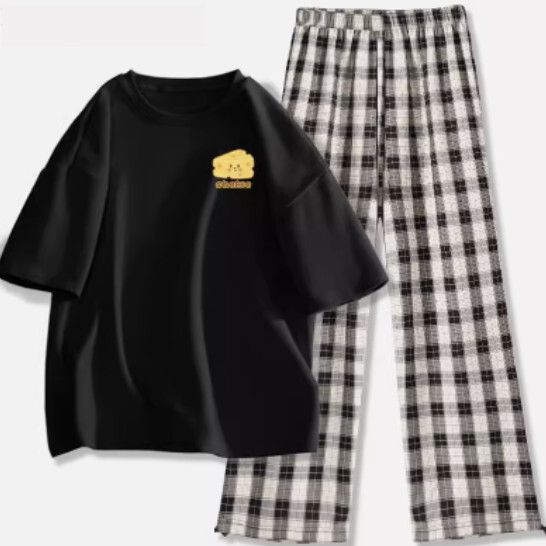 短袖束腳格子褲套裝【黑色（乳酪塊）+黑白褲】【S-2XL碼】（下單後請聯絡客服確認發貨尺碼）#K011002557