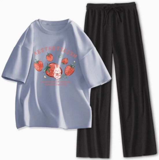 運動休閒套裝【淺藍色（甜莓兔）+黑褲】【S-XL碼】（下單後請聯絡客服確認發貨尺碼）