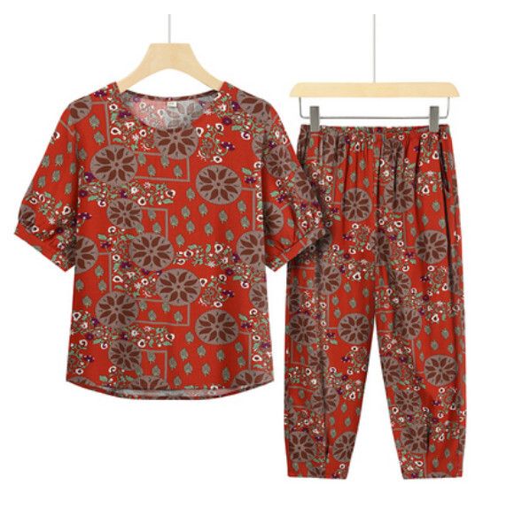 夏季中老年兩件套套裝（橘紅民族風）【尺碼：XL-3XL】【下單後聯絡客服確認發貨尺碼】F203013152