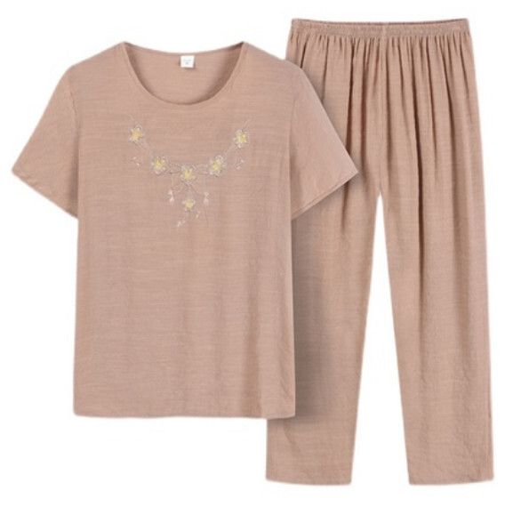 夏季中老年綿綢套裝（粉色）【尺碼：XL-4XL】【下單後聯絡客服確認發貨尺碼】F203013048