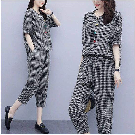 休閒格子套裝【黑色】 (尺碼：M-3XL碼) (下單後聯繫客服確認發貨尺碼)#F158027140