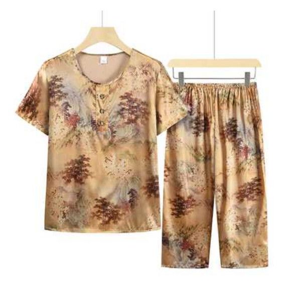 夏季中老年套裝（金黃色）【尺碼：XL-4XL】【下單後聯絡客服確認發貨尺碼】F203013304