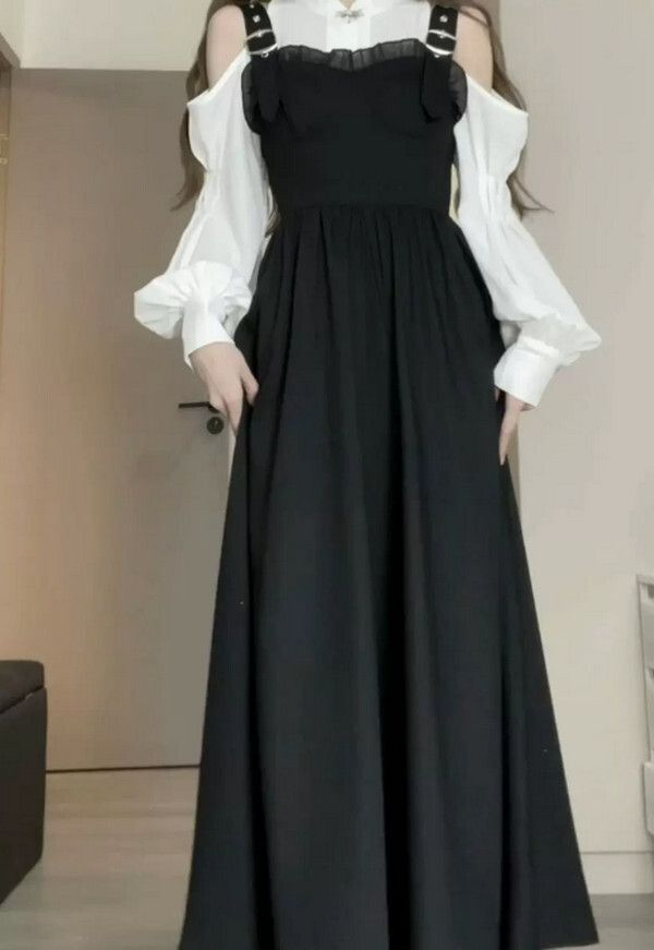 白色露肩上衣+收腰顯瘦氣質吊帶連衣裙兩件套(白色/黑色)(M-4XL碼) (下單後聯系客服確認尺碼) #F105034494