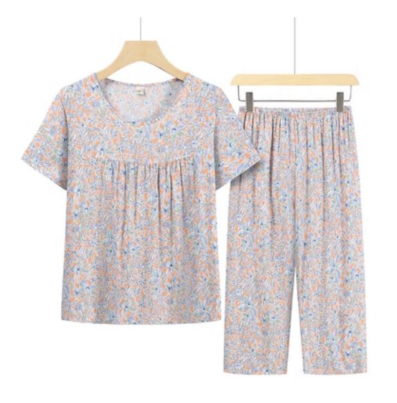 夏季中老年綿綢套裝（菊粉蘭花）【尺碼：XL-4XL】【下單後聯絡客服確認發貨尺碼】F203013257